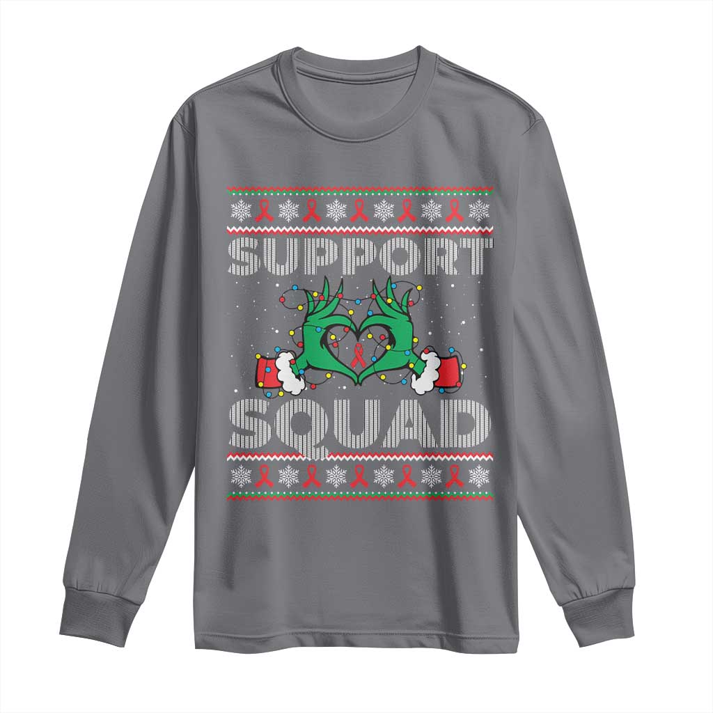 Support Squad HIV Awareness Gift Long Sleeve Shirt Green Hand Red Ribbon Ugly Sweater Christmas Gift - Wonder Print Shop