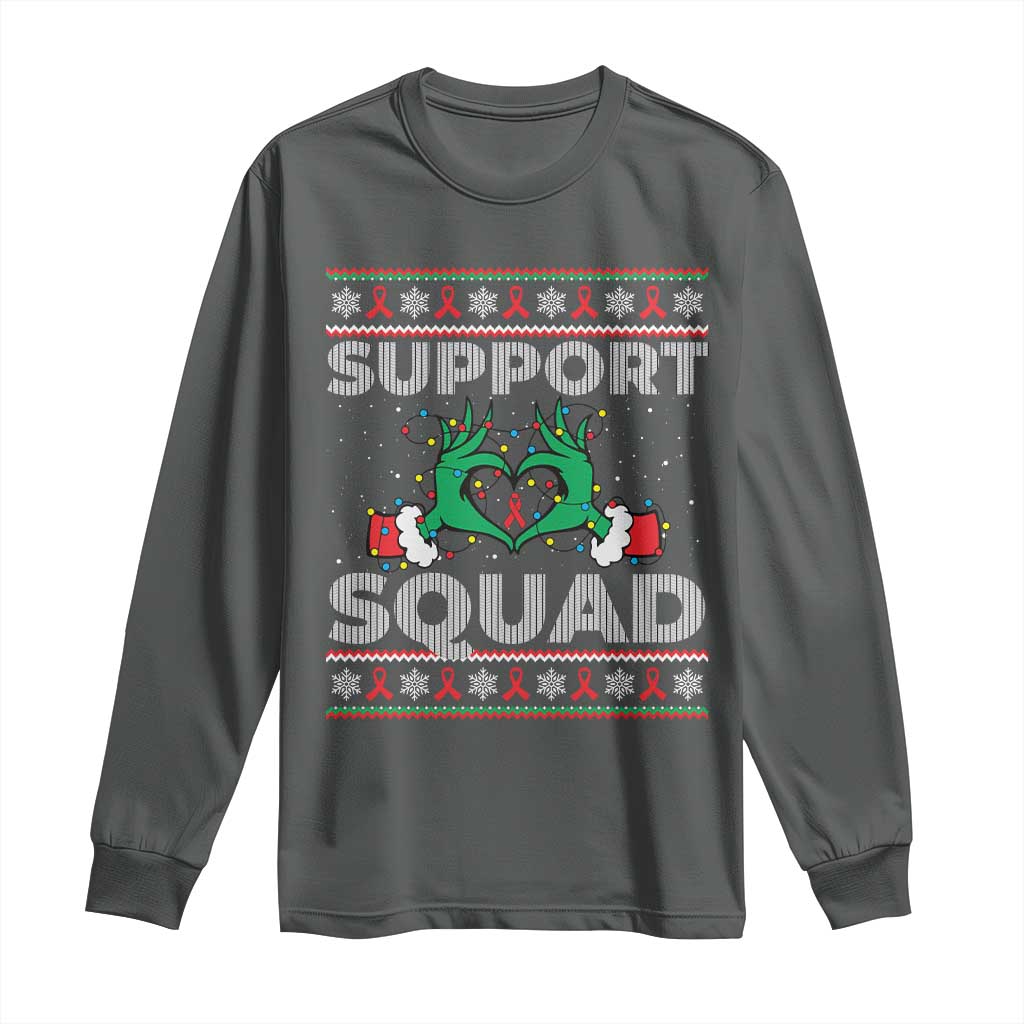 Support Squad HIV Awareness Gift Long Sleeve Shirt Green Hand Red Ribbon Ugly Sweater Christmas Gift - Wonder Print Shop