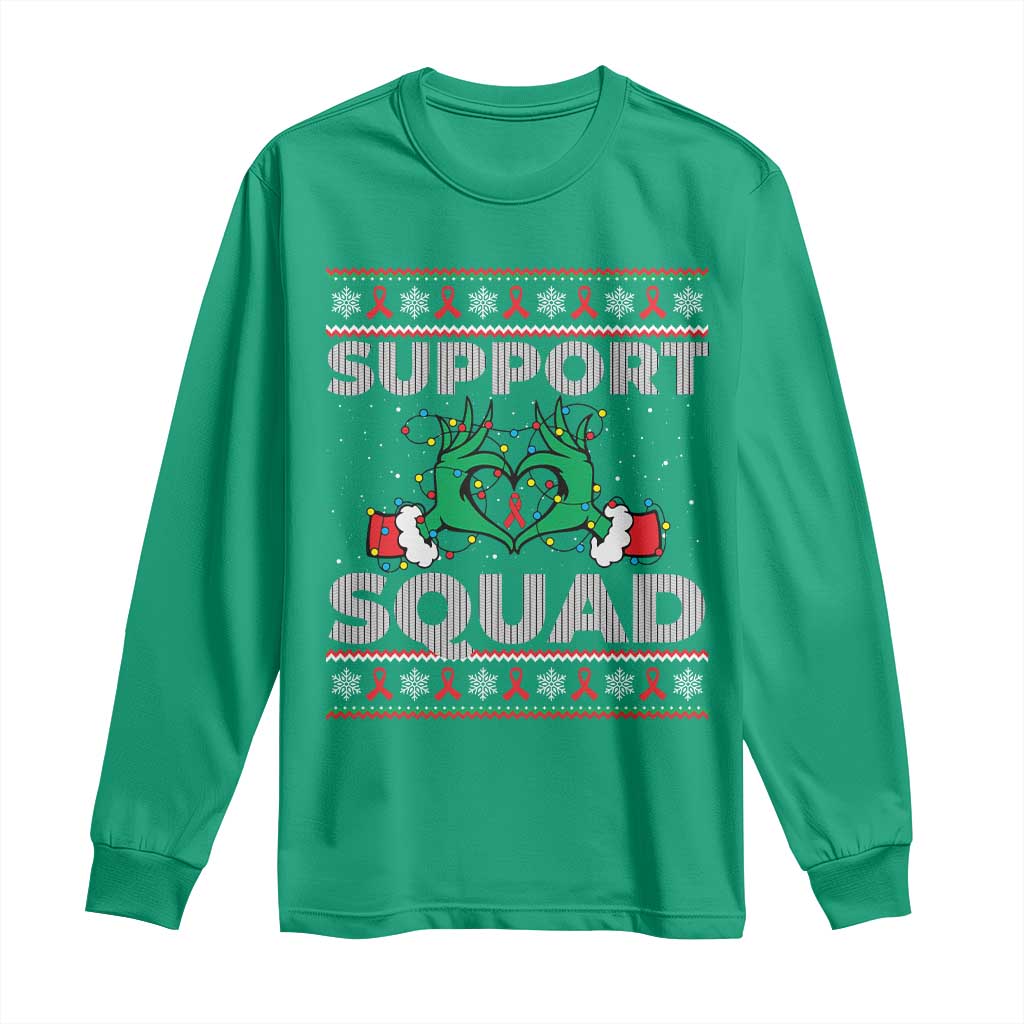 Support Squad HIV Awareness Gift Long Sleeve Shirt Green Hand Red Ribbon Ugly Sweater Christmas Gift - Wonder Print Shop