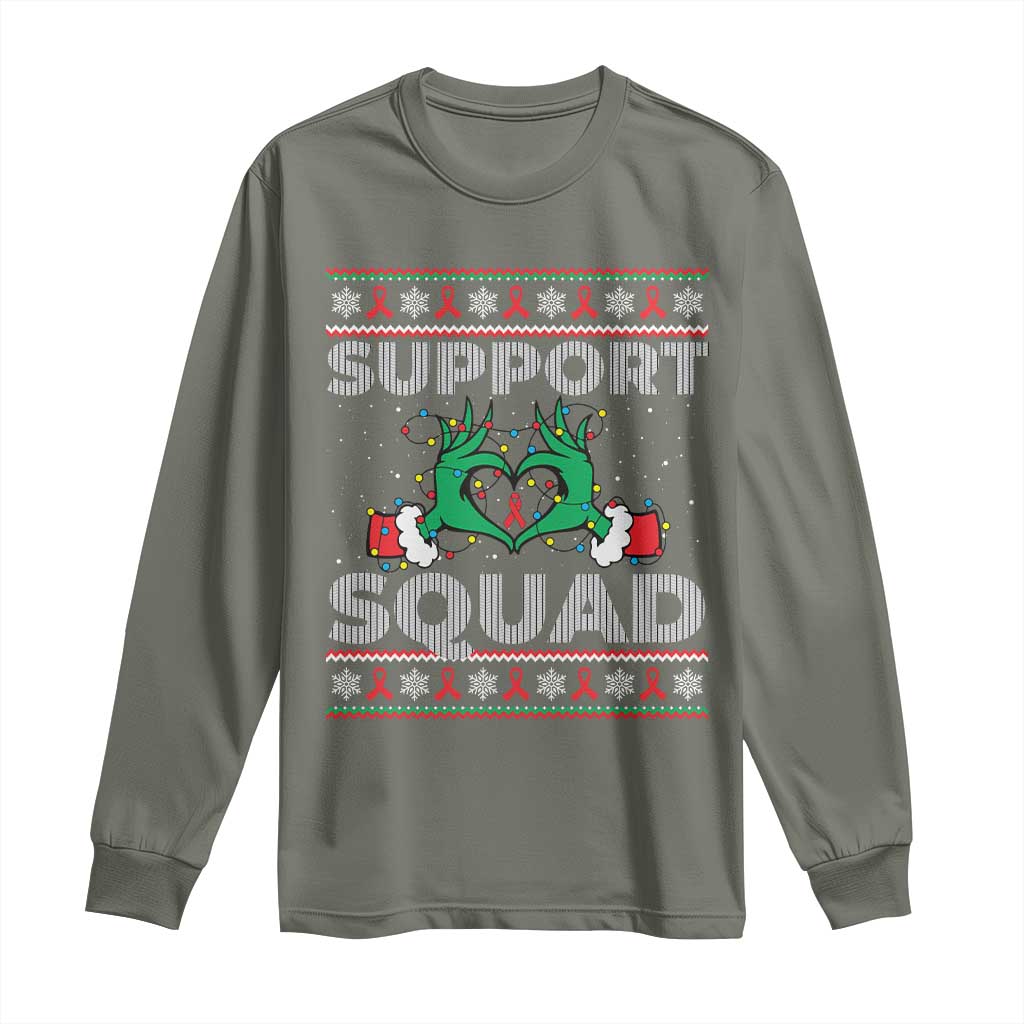 Support Squad HIV Awareness Gift Long Sleeve Shirt Green Hand Red Ribbon Ugly Sweater Christmas Gift - Wonder Print Shop