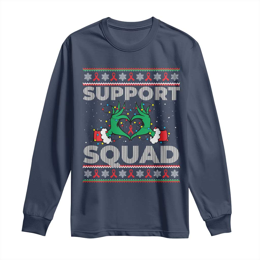 Support Squad HIV Awareness Gift Long Sleeve Shirt Green Hand Red Ribbon Ugly Sweater Christmas Gift - Wonder Print Shop