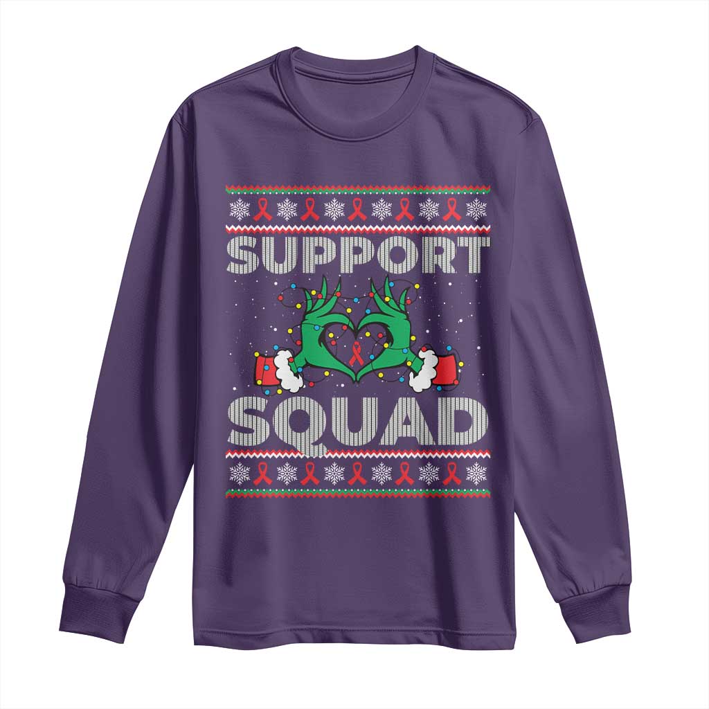 Support Squad HIV Awareness Gift Long Sleeve Shirt Green Hand Red Ribbon Ugly Sweater Christmas Gift - Wonder Print Shop