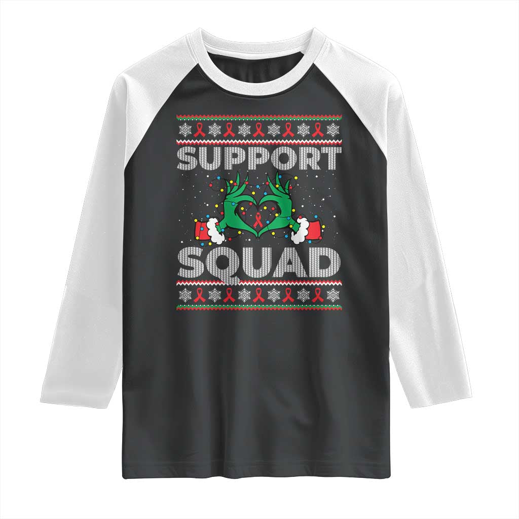 Support Squad HIV Awareness Gift Raglan Shirt Green Hand Red Ribbon Ugly Sweater Christmas Gift - Wonder Print Shop