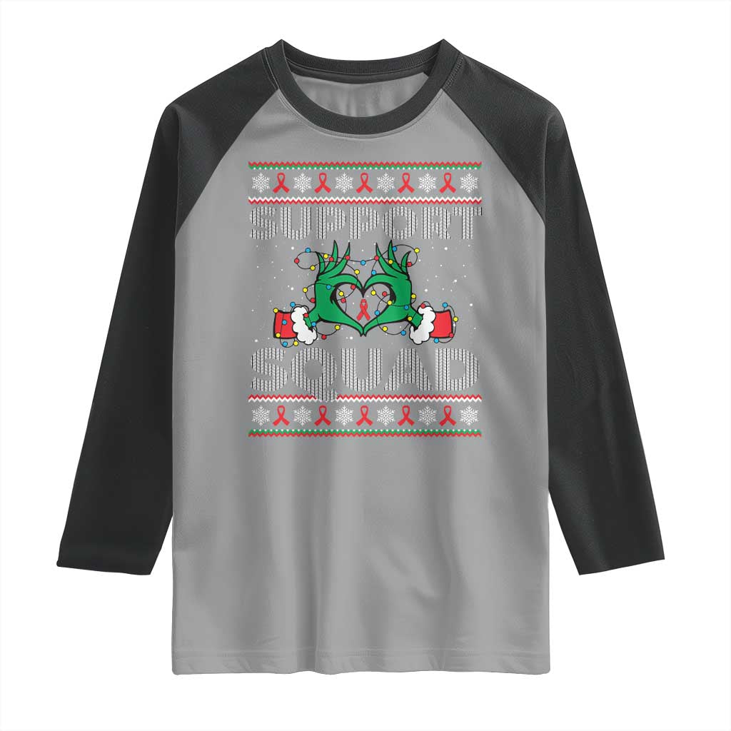 Support Squad HIV Awareness Gift Raglan Shirt Green Hand Red Ribbon Ugly Sweater Christmas Gift - Wonder Print Shop