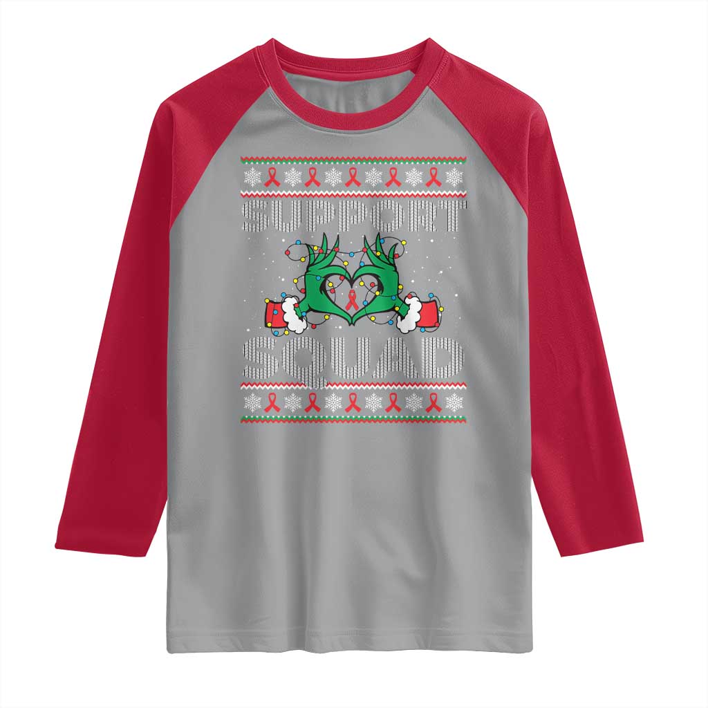 Support Squad HIV Awareness Gift Raglan Shirt Green Hand Red Ribbon Ugly Sweater Christmas Gift - Wonder Print Shop
