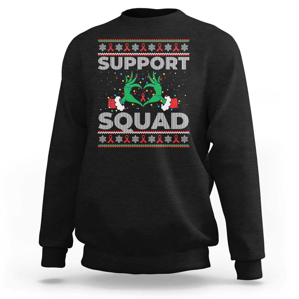 Support Squad HIV Awareness Gift Sweatshirt Green Hand Red Ribbon Ugly Sweater Christmas Gift - Wonder Print Shop