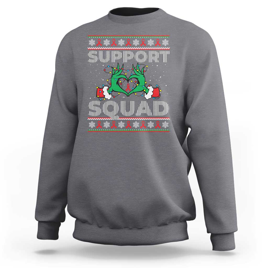 Support Squad HIV Awareness Gift Sweatshirt Green Hand Red Ribbon Ugly Sweater Christmas Gift - Wonder Print Shop