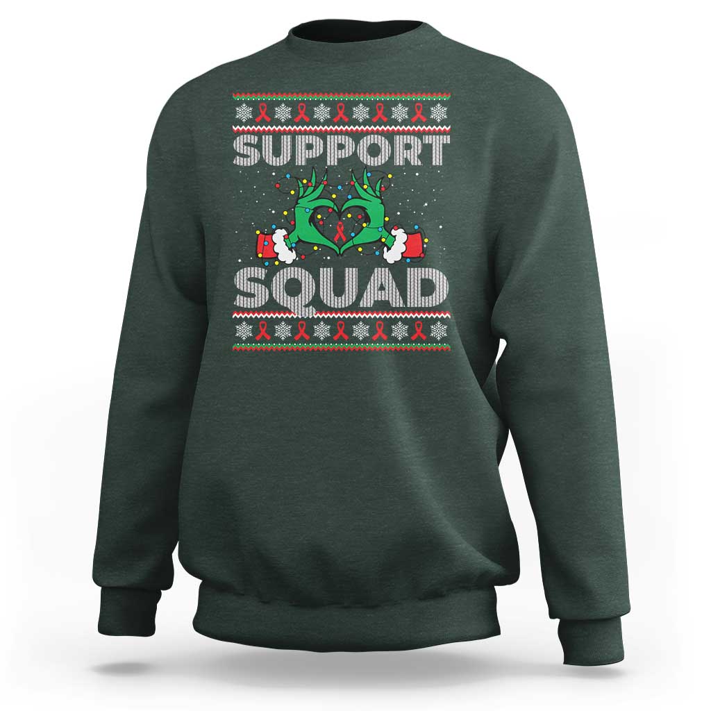 Support Squad HIV Awareness Gift Sweatshirt Green Hand Red Ribbon Ugly Sweater Christmas Gift - Wonder Print Shop