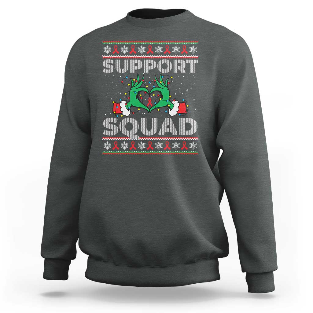 Support Squad HIV Awareness Gift Sweatshirt Green Hand Red Ribbon Ugly Sweater Christmas Gift - Wonder Print Shop