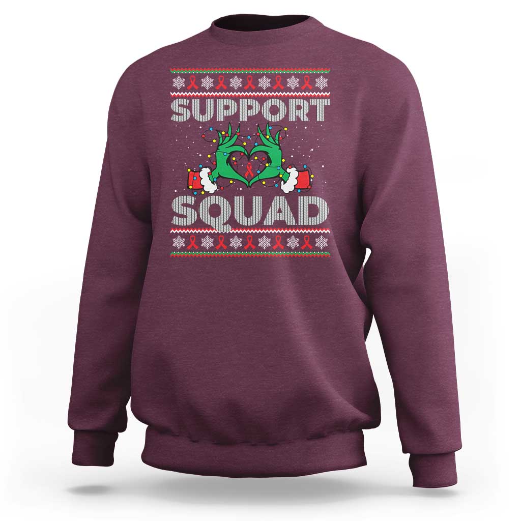 Support Squad HIV Awareness Gift Sweatshirt Green Hand Red Ribbon Ugly Sweater Christmas Gift - Wonder Print Shop