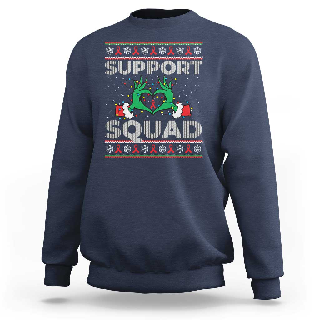 Support Squad HIV Awareness Gift Sweatshirt Green Hand Red Ribbon Ugly Sweater Christmas Gift - Wonder Print Shop