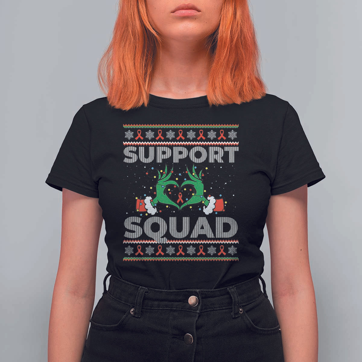 Support Squad HIV Awareness Gift T Shirt For Women Green Hand Red Ribbon Ugly Sweater Christmas Gift - Wonder Print Shop