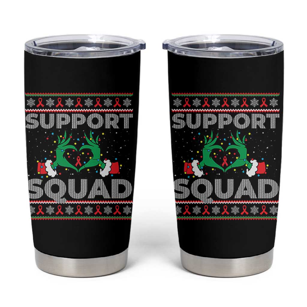 Support Squad HIV Awareness Gift Tumbler Cup Green Hand Red Ribbon Ugly Sweater Christmas Gift - Wonder Print Shop