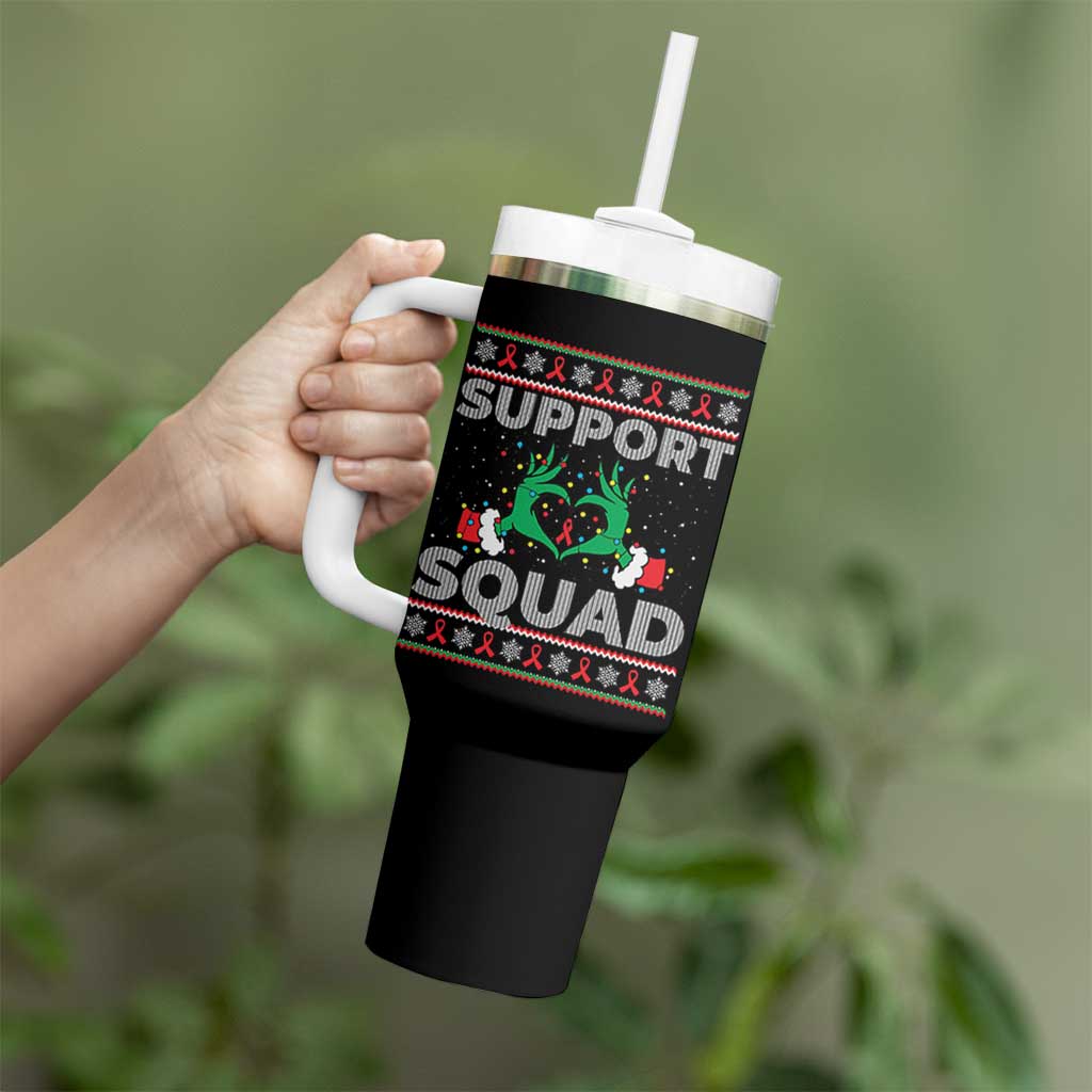 Support Squad HIV Awareness Gift Tumbler With Handle Green Hand Red Ribbon Ugly Sweater Christmas Gift - Wonder Print Shop