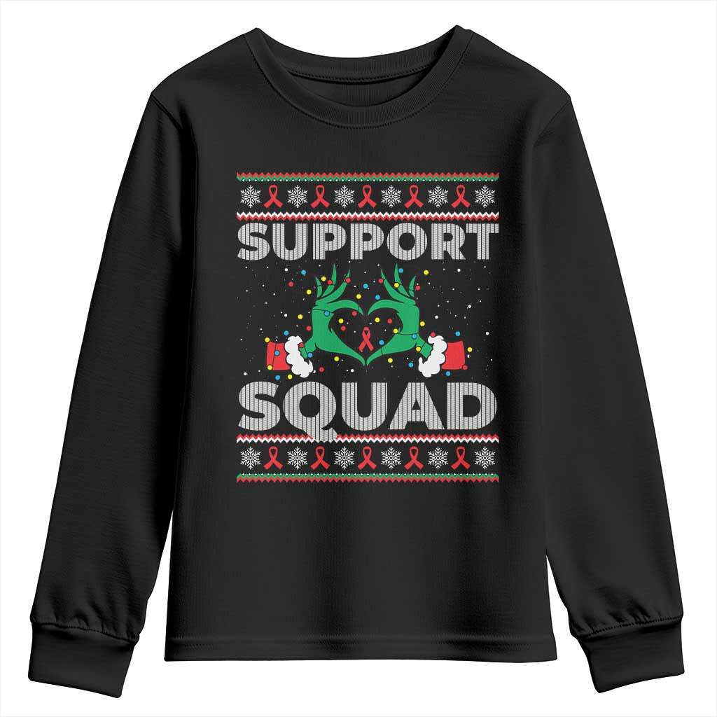 Support Squad HIV Awareness Gift Youth Sweatshirt Green Hand Red Ribbon Ugly Sweater Christmas Gift - Wonder Print Shop