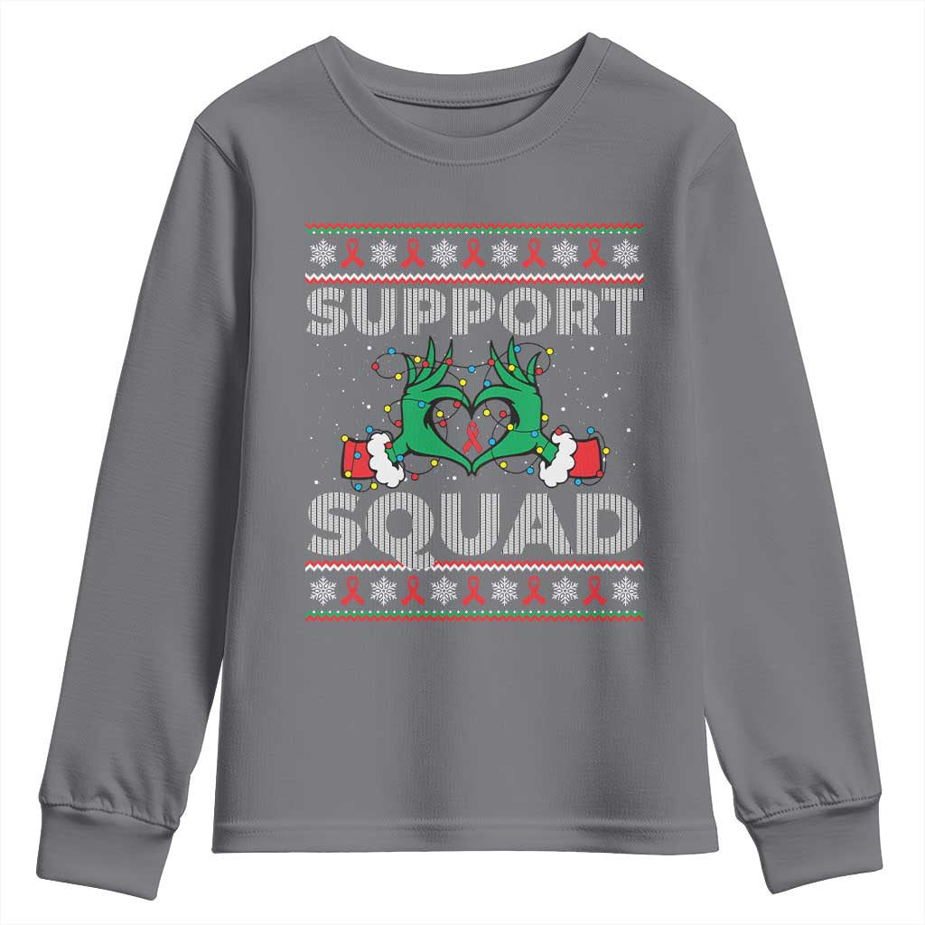 Support Squad HIV Awareness Gift Youth Sweatshirt Green Hand Red Ribbon Ugly Sweater Christmas Gift - Wonder Print Shop