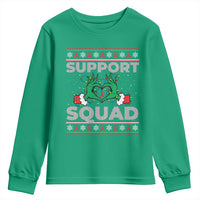 Support Squad HIV Awareness Gift Youth Sweatshirt Green Hand Red Ribbon Ugly Sweater Christmas Gift - Wonder Print Shop