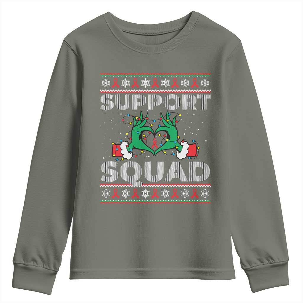Support Squad HIV Awareness Gift Youth Sweatshirt Green Hand Red Ribbon Ugly Sweater Christmas Gift - Wonder Print Shop
