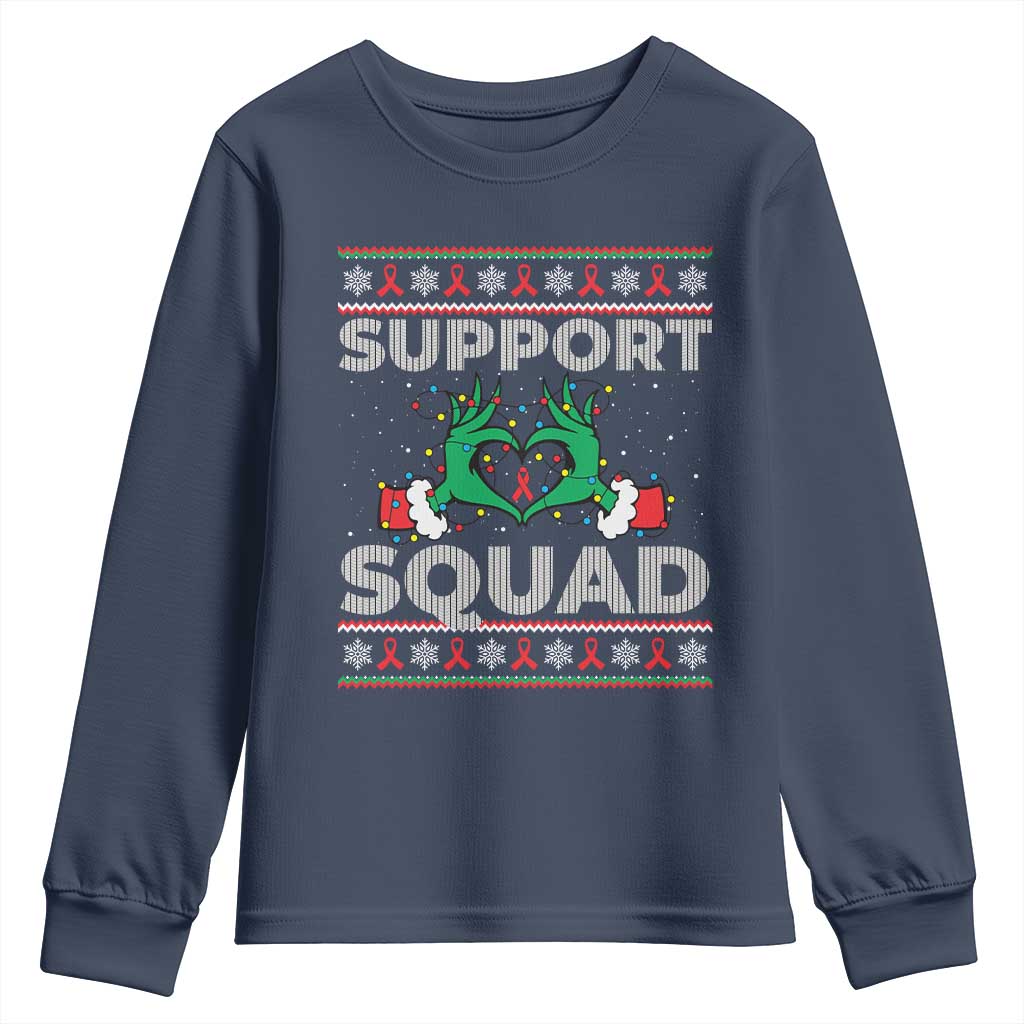 Support Squad HIV Awareness Gift Youth Sweatshirt Green Hand Red Ribbon Ugly Sweater Christmas Gift - Wonder Print Shop
