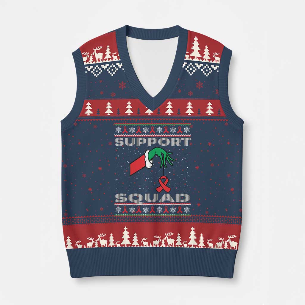 Funny Green Hand Red Ribbon HIV Awareness V-Neck Knit Sweater Vest Support Squad Ugly Sweater Gift - Wonder Print Shop