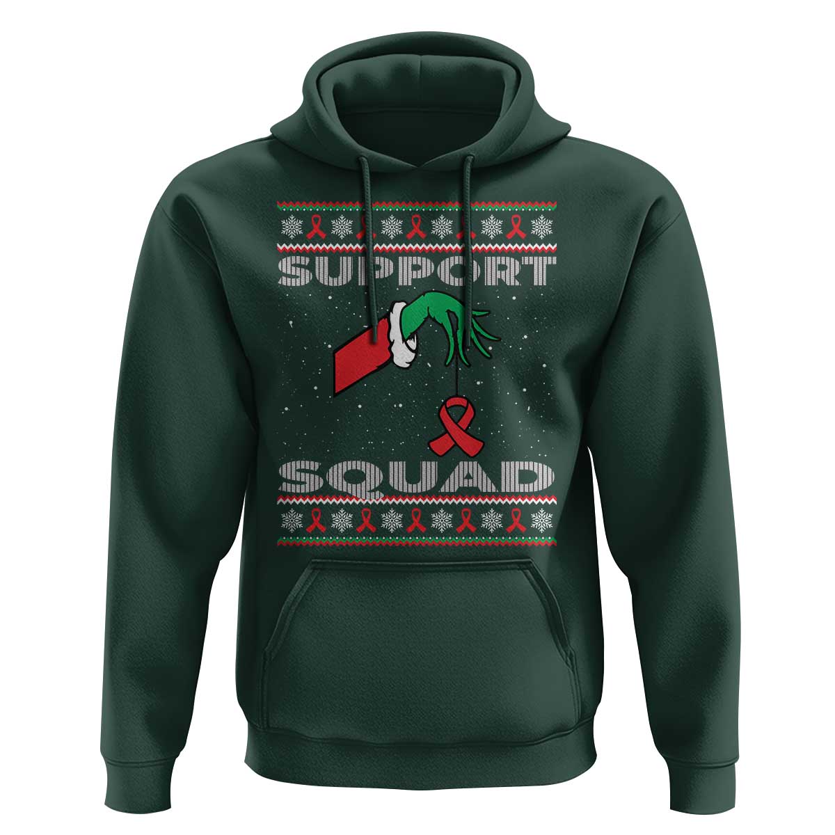 Funny Green Hand Red Ribbon HIV Awareness Hoodie Support Squad Ugly Sweater Gift - Wonder Print Shop