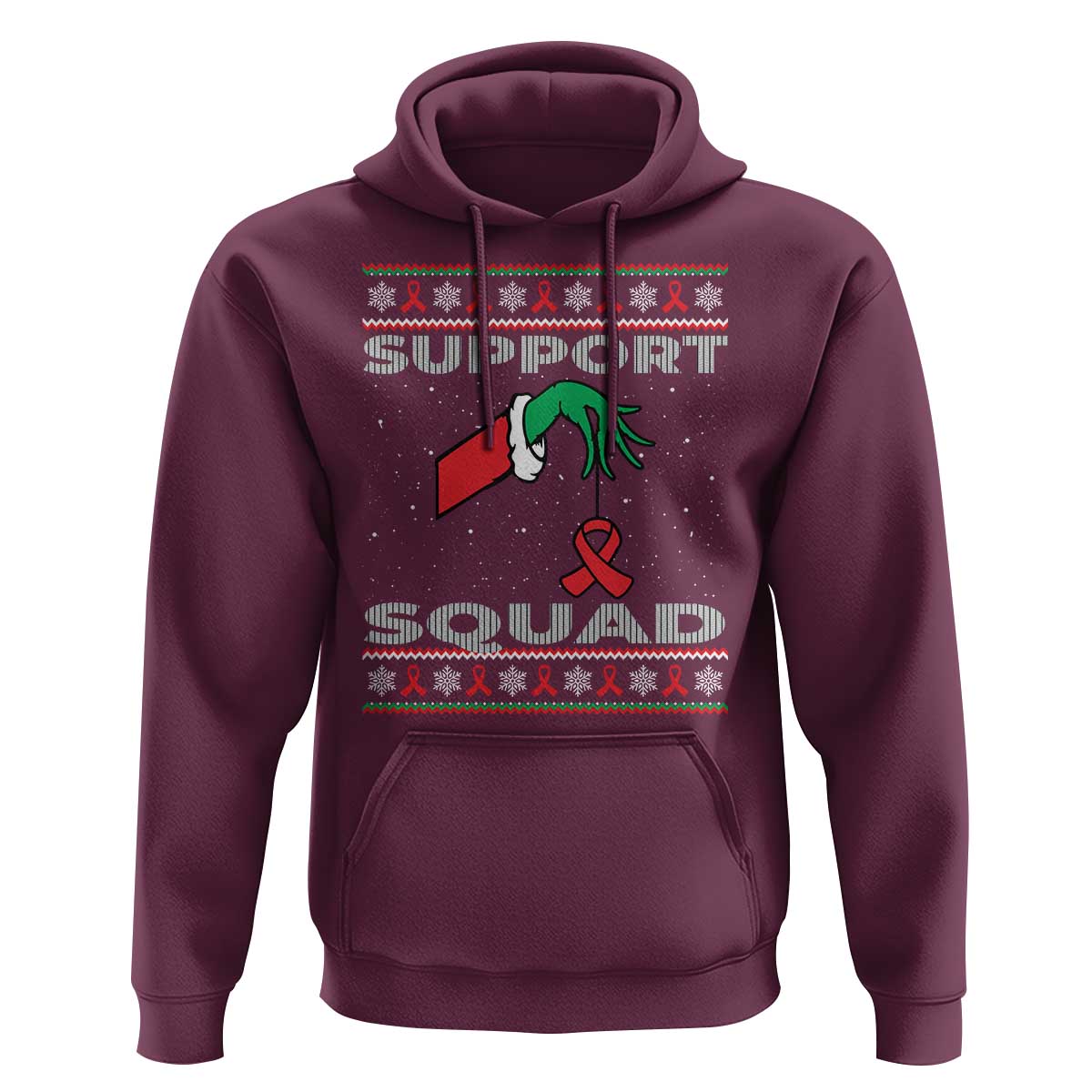 Funny Green Hand Red Ribbon HIV Awareness Hoodie Support Squad Ugly Sweater Gift - Wonder Print Shop