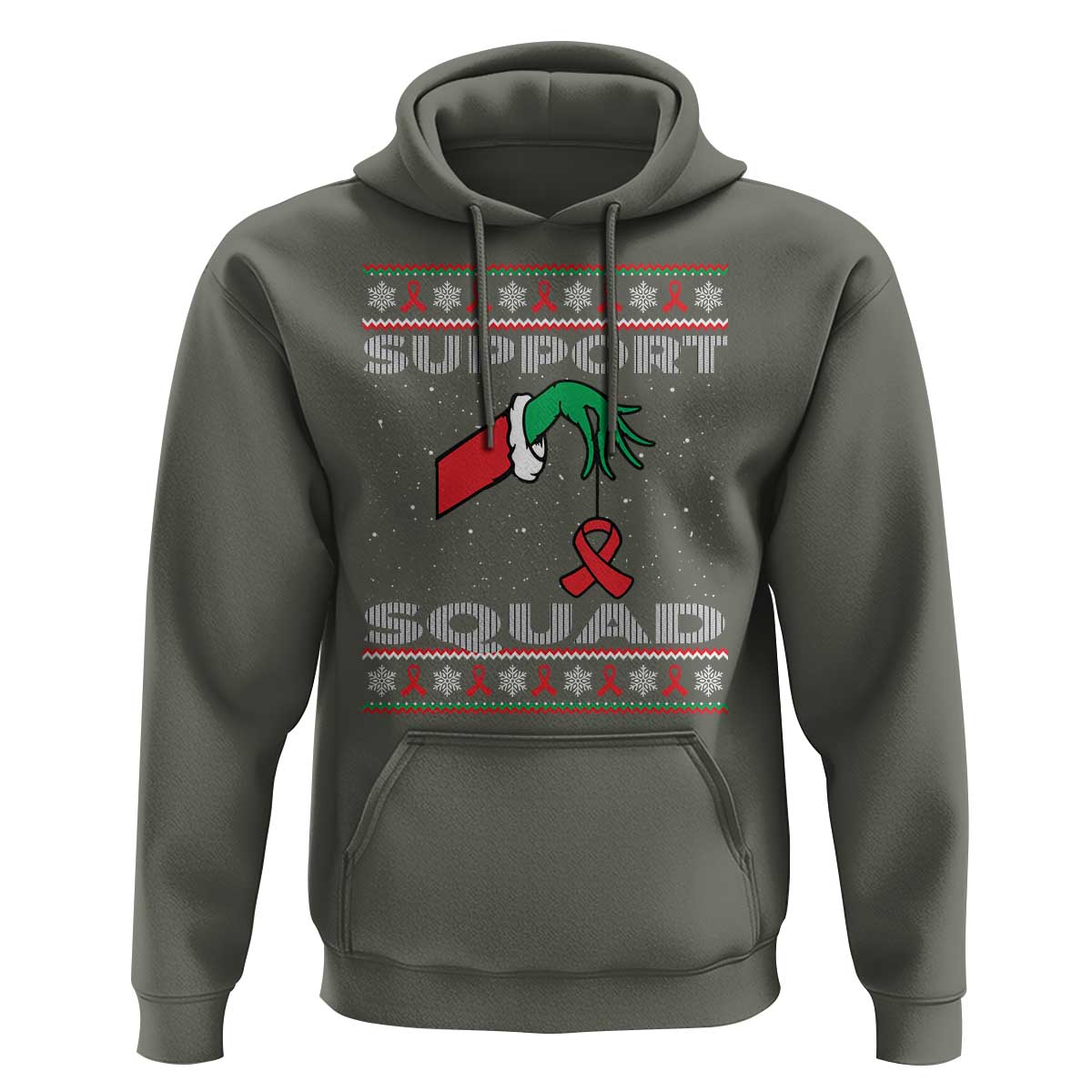 Funny Green Hand Red Ribbon HIV Awareness Hoodie Support Squad Ugly Sweater Gift - Wonder Print Shop