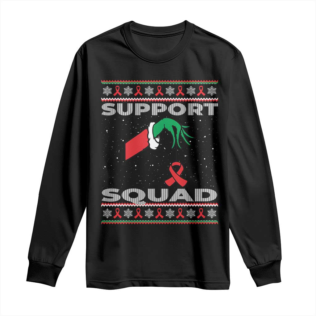 Funny Green Hand Red Ribbon HIV Awareness Long Sleeve Shirt Support Squad Ugly Sweater Gift - Wonder Print Shop