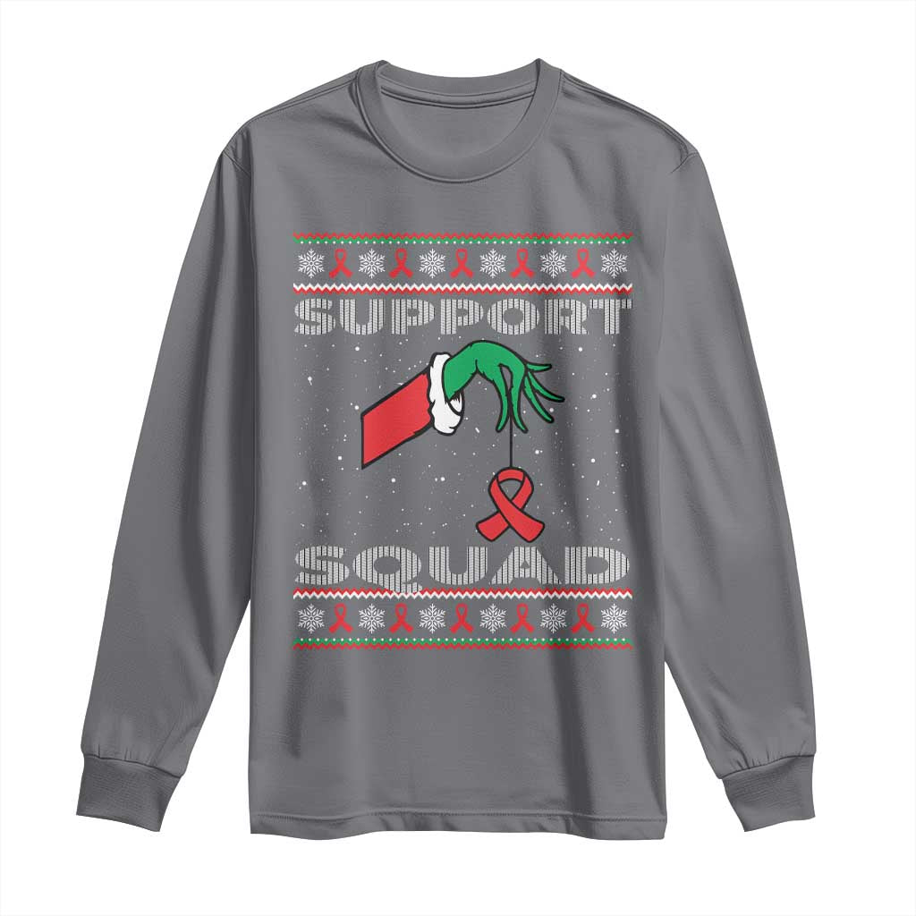 Funny Green Hand Red Ribbon HIV Awareness Long Sleeve Shirt Support Squad Ugly Sweater Gift - Wonder Print Shop