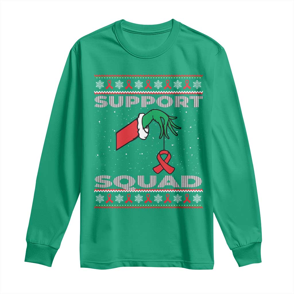 Funny Green Hand Red Ribbon HIV Awareness Long Sleeve Shirt Support Squad Ugly Sweater Gift - Wonder Print Shop
