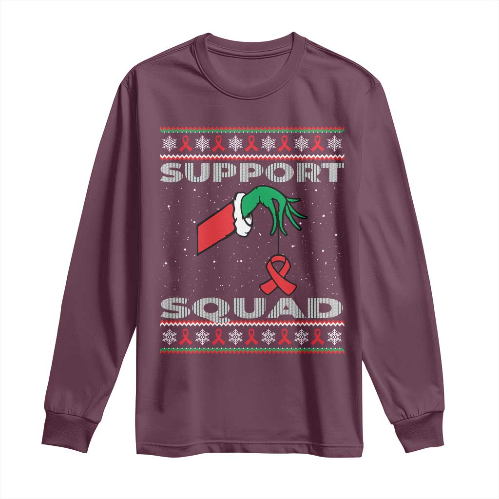 Funny Green Hand Red Ribbon HIV Awareness Long Sleeve Shirt Support Squad Ugly Sweater Gift - Wonder Print Shop