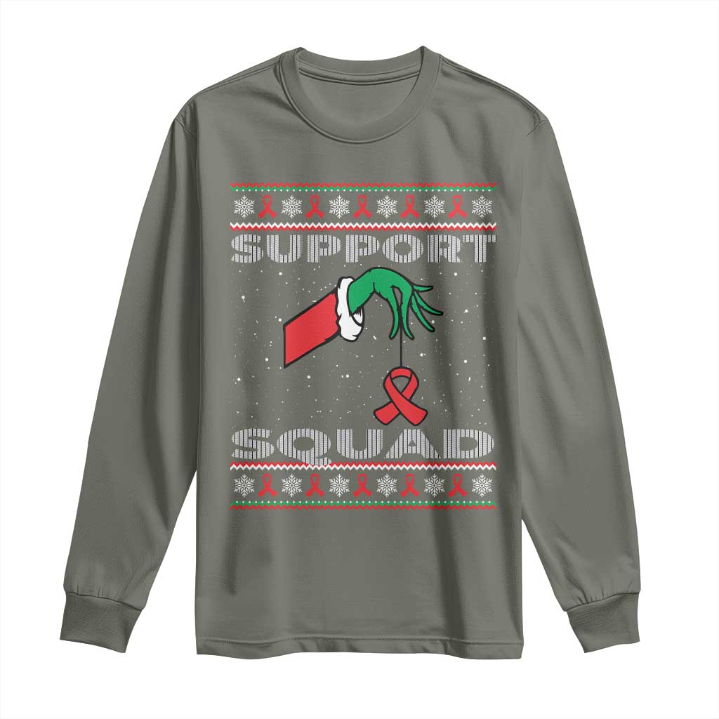 Funny Green Hand Red Ribbon HIV Awareness Long Sleeve Shirt Support Squad Ugly Sweater Gift - Wonder Print Shop