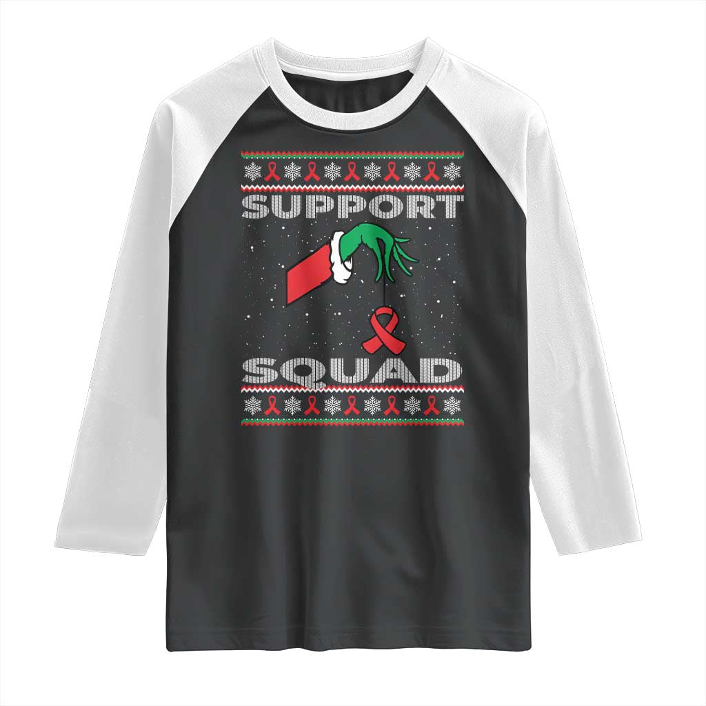 Funny Green Hand Red Ribbon HIV Awareness Raglan Shirt Support Squad Ugly Sweater Gift - Wonder Print Shop