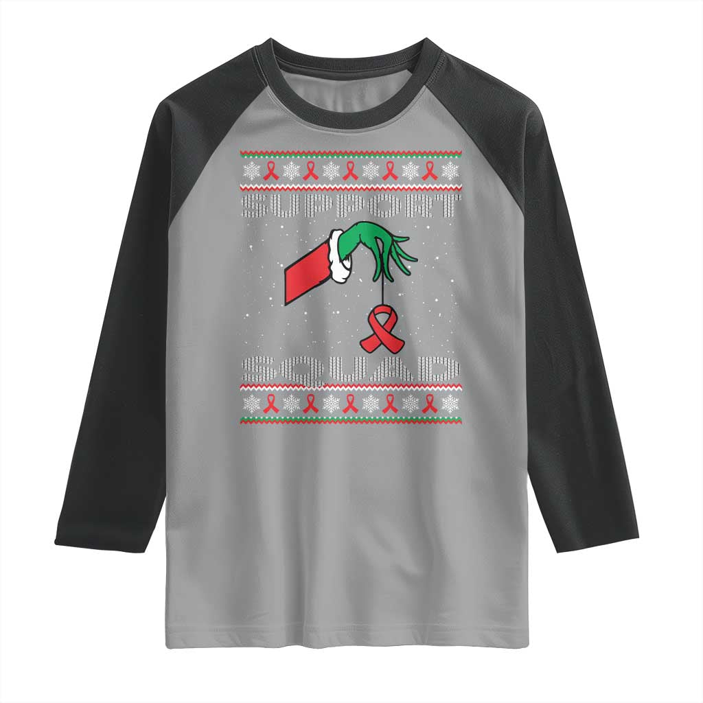 Funny Green Hand Red Ribbon HIV Awareness Raglan Shirt Support Squad Ugly Sweater Gift - Wonder Print Shop