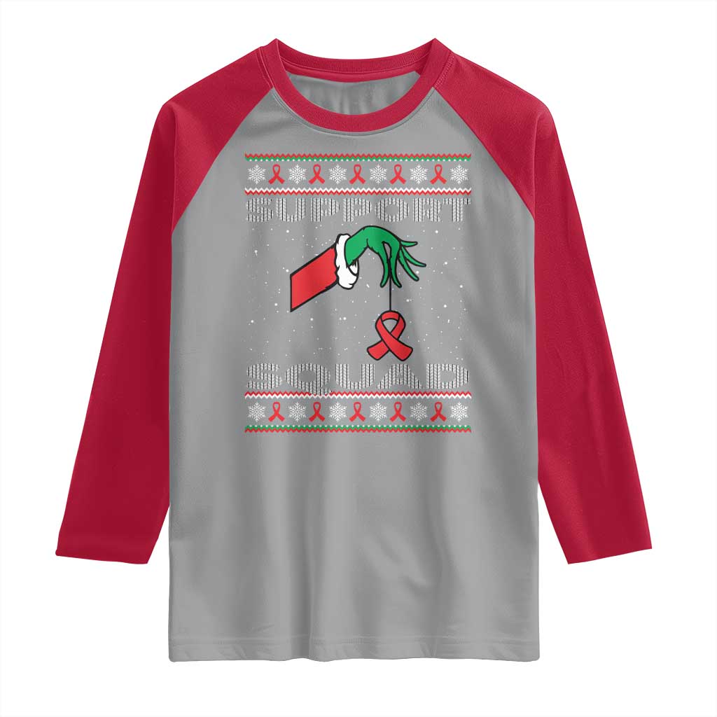 Funny Green Hand Red Ribbon HIV Awareness Raglan Shirt Support Squad Ugly Sweater Gift - Wonder Print Shop