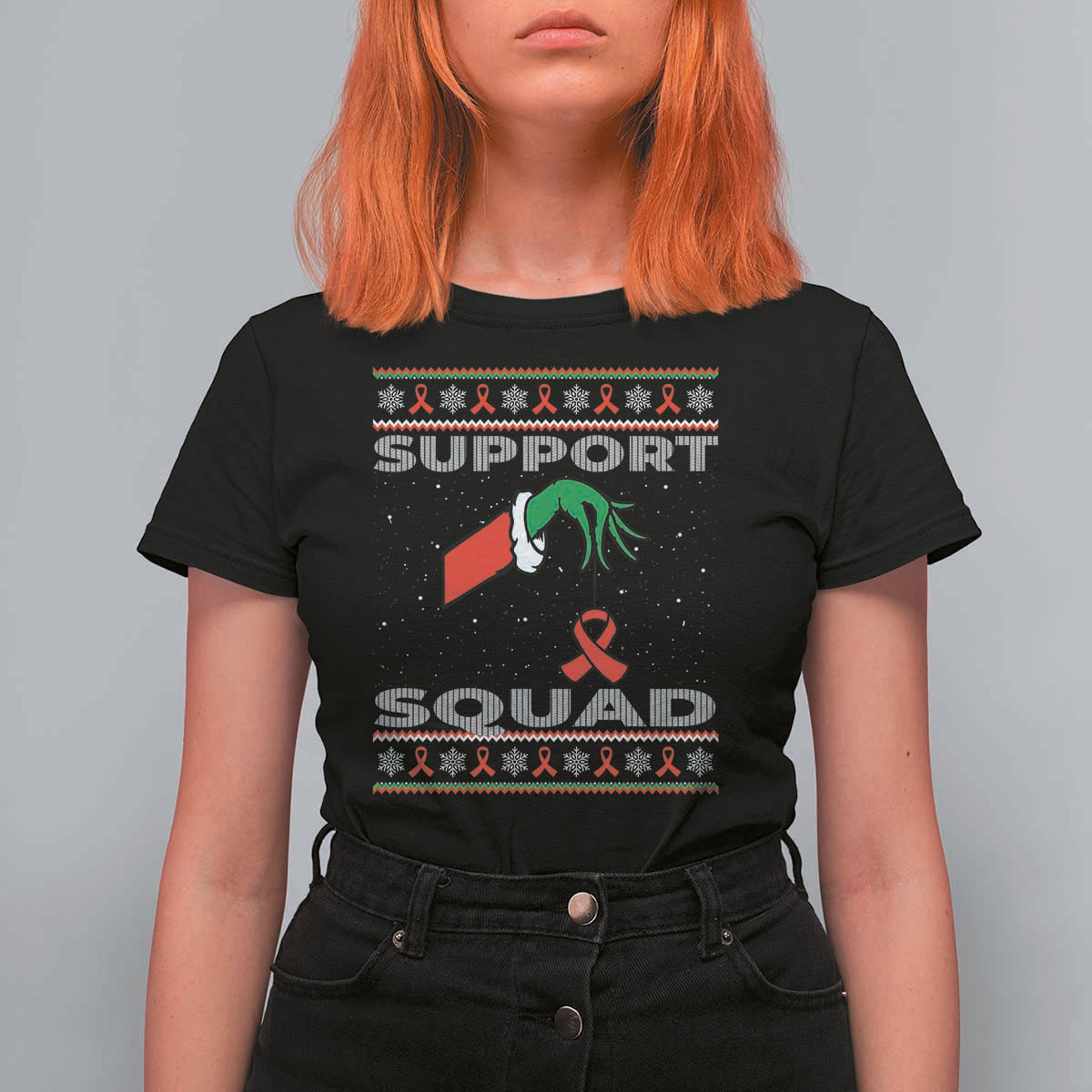 Funny Green Hand Red Ribbon HIV Awareness T Shirt For Women Support Squad Ugly Sweater Gift - Wonder Print Shop