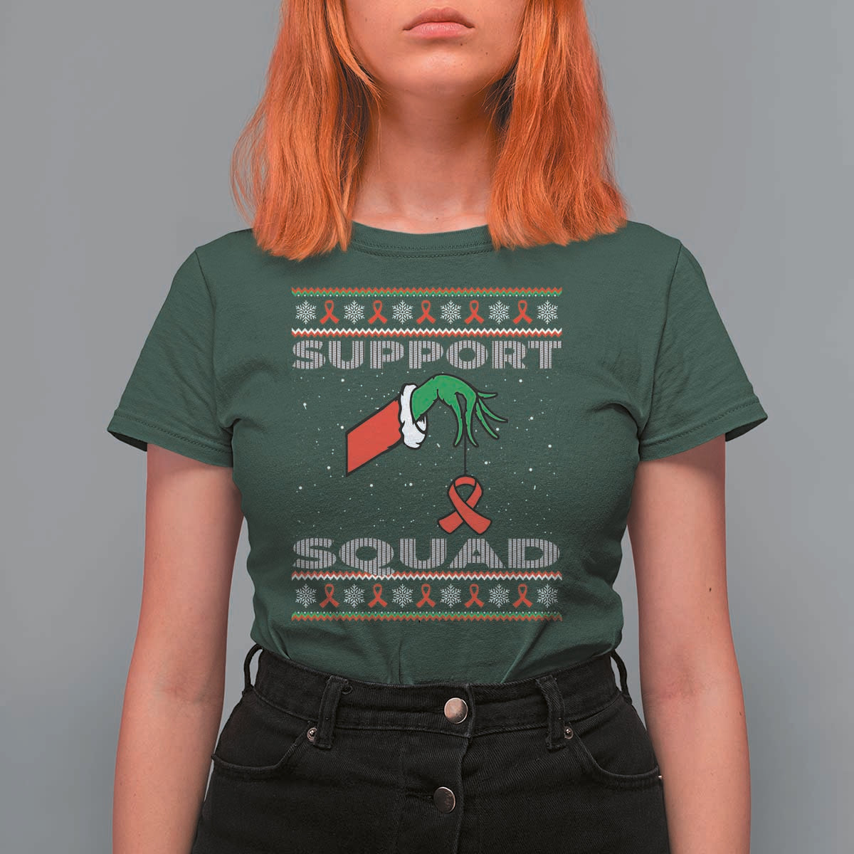 Funny Green Hand Red Ribbon HIV Awareness T Shirt For Women Support Squad Ugly Sweater Gift - Wonder Print Shop