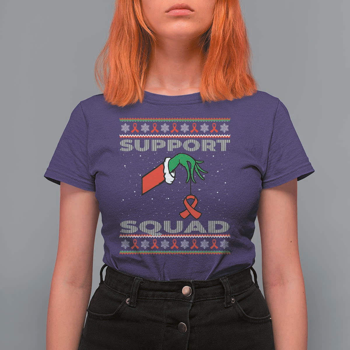Funny Green Hand Red Ribbon HIV Awareness T Shirt For Women Support Squad Ugly Sweater Gift - Wonder Print Shop