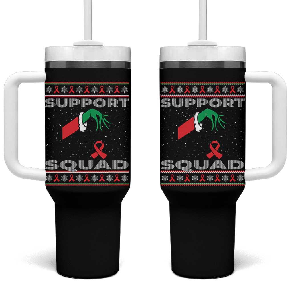 Funny Green Hand Red Ribbon HIV Awareness Tumbler With Handle Support Squad Ugly Sweater Gift - Wonder Print Shop