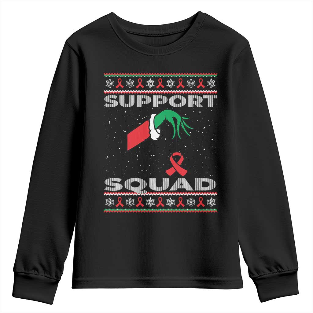Funny Green Hand Red Ribbon HIV Awareness Youth Sweatshirt Support Squad Ugly Sweater Gift - Wonder Print Shop