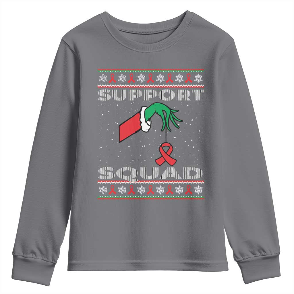 Funny Green Hand Red Ribbon HIV Awareness Youth Sweatshirt Support Squad Ugly Sweater Gift - Wonder Print Shop