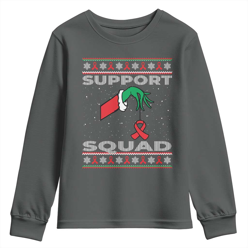 Funny Green Hand Red Ribbon HIV Awareness Youth Sweatshirt Support Squad Ugly Sweater Gift - Wonder Print Shop