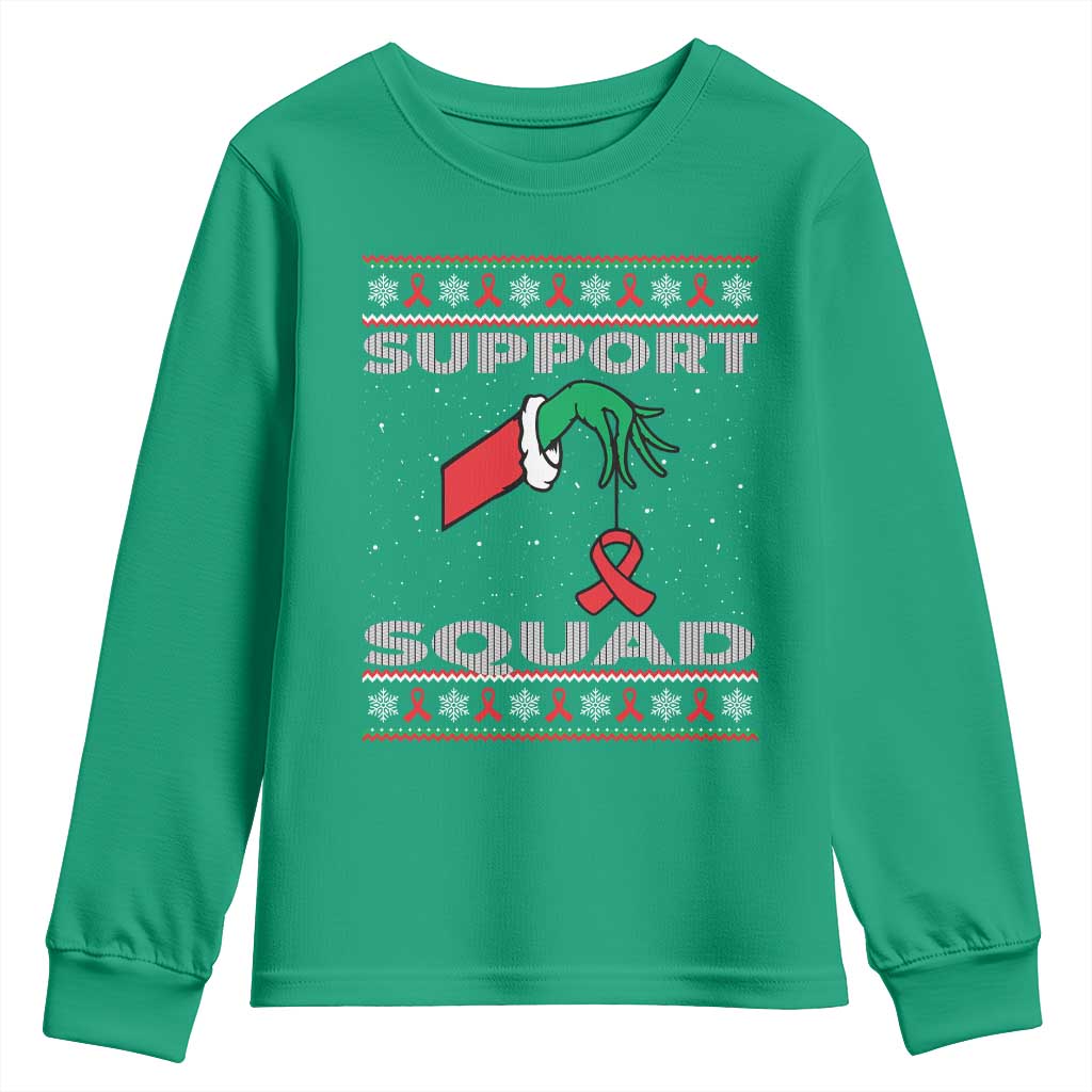 Funny Green Hand Red Ribbon HIV Awareness Youth Sweatshirt Support Squad Ugly Sweater Gift - Wonder Print Shop