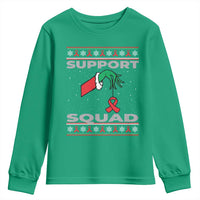 Funny Green Hand Red Ribbon HIV Awareness Youth Sweatshirt Support Squad Ugly Sweater Gift - Wonder Print Shop