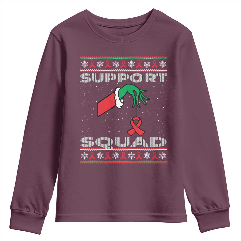 Funny Green Hand Red Ribbon HIV Awareness Youth Sweatshirt Support Squad Ugly Sweater Gift - Wonder Print Shop