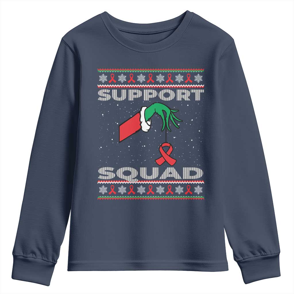 Funny Green Hand Red Ribbon HIV Awareness Youth Sweatshirt Support Squad Ugly Sweater Gift - Wonder Print Shop
