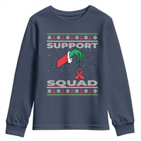 Funny Green Hand Red Ribbon HIV Awareness Youth Sweatshirt Support Squad Ugly Sweater Gift - Wonder Print Shop