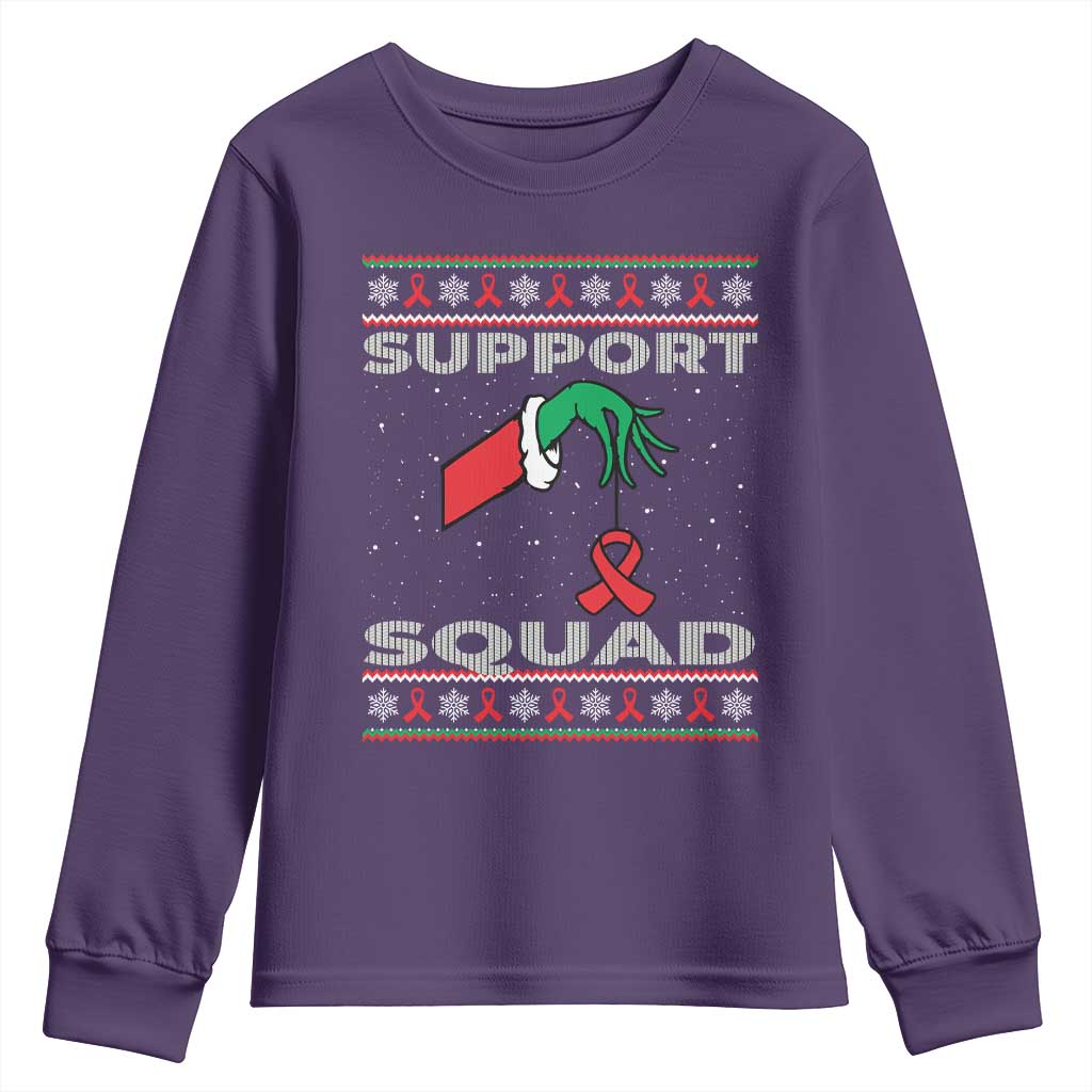 Funny Green Hand Red Ribbon HIV Awareness Youth Sweatshirt Support Squad Ugly Sweater Gift - Wonder Print Shop