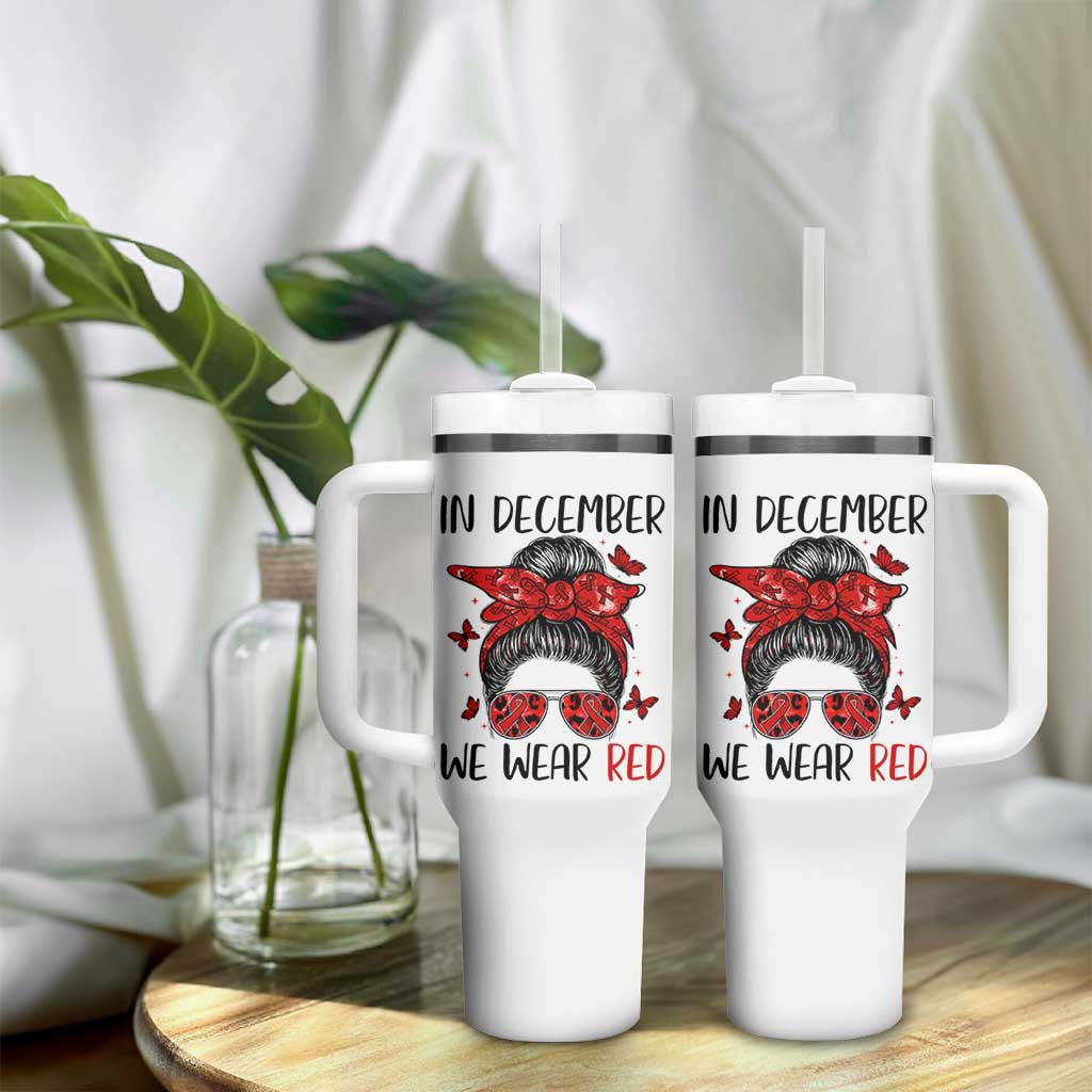 In December We Wear Red Tumbler With Handle HIV Awareness Empowered Woman Gift - Wonder Print Shop
