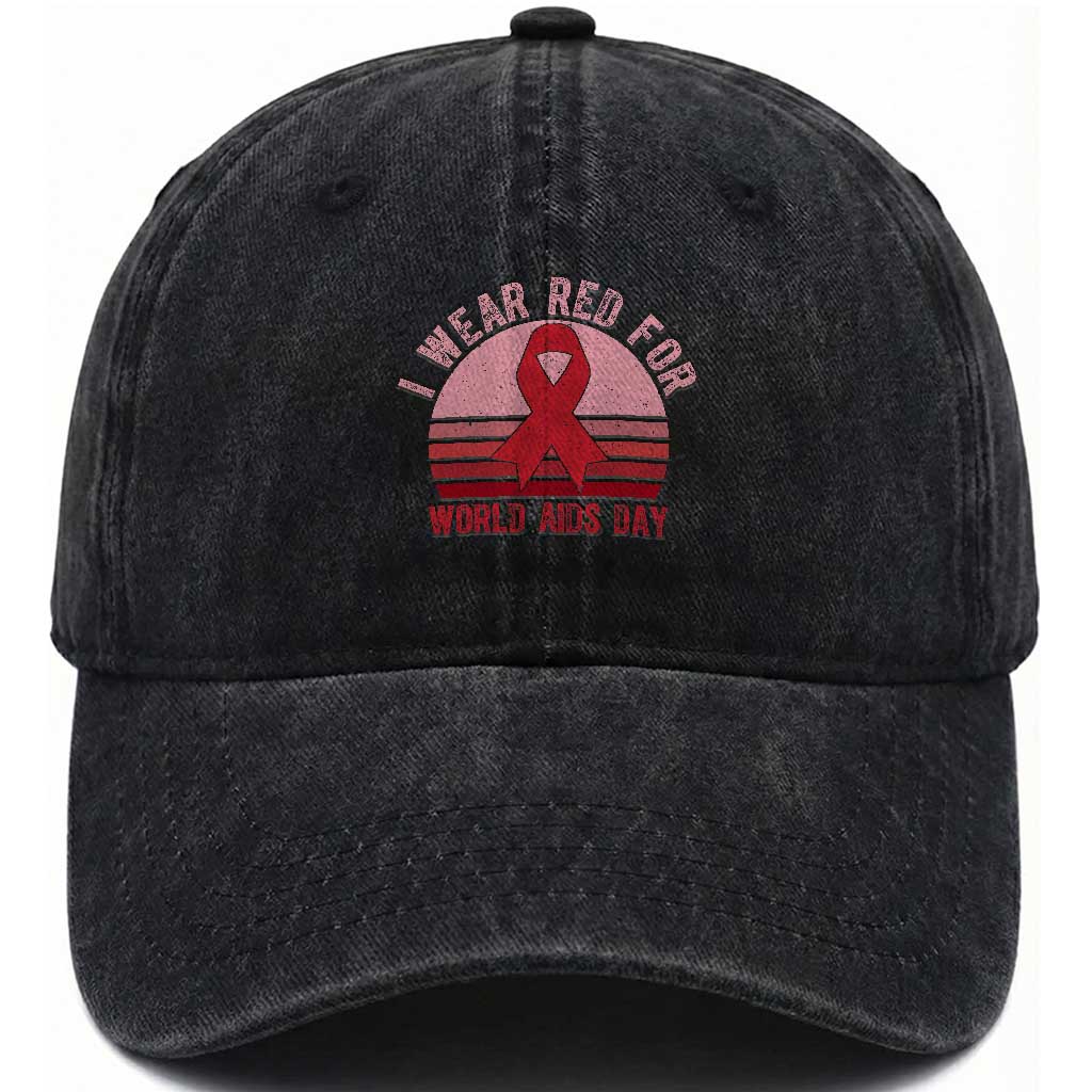 I Wear Red For World Aids Day Washed Cotton Baseball Cap HIV Awareness Gift